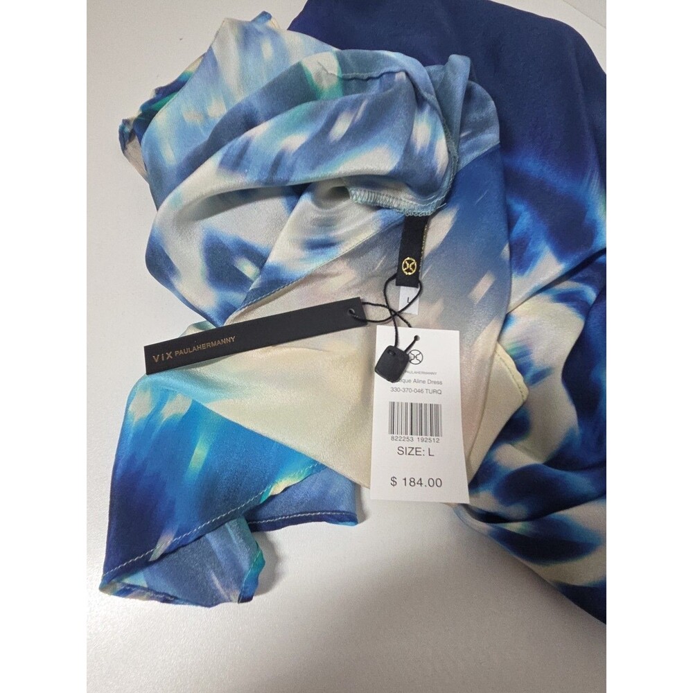 NEW WITH TAGS VIX PAULA HERMANNY 100% SILK BLUE WHITE COVER UP DRESS sz L RESORT - Picture 3 of 8